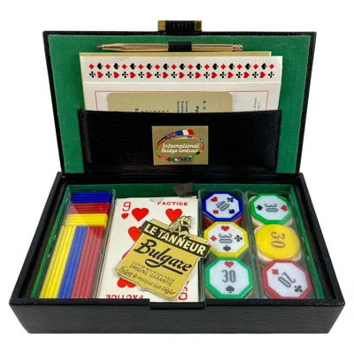 Pre-owned Le Tanneur Mid-century French Leather Boxed Bridge Card Playing & Betting Set In Black