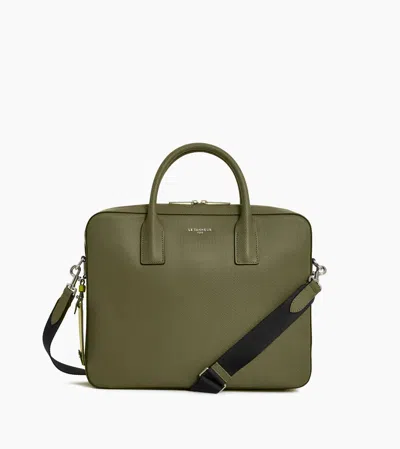 Le Tanneur Porte Document Slim 14" Emile En Cuir Signature T In Green