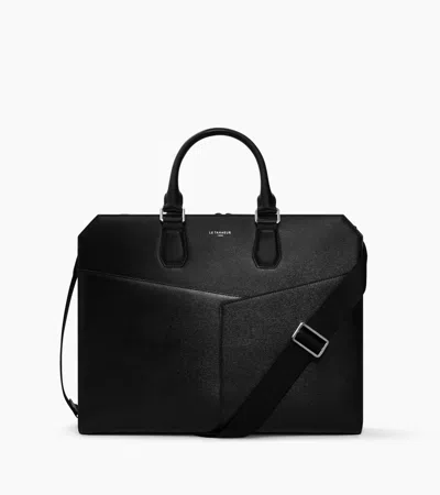 Le Tanneur Porte Documents 15" Anatole En Cuir Liégé Et Cuir Lisse In Noir
