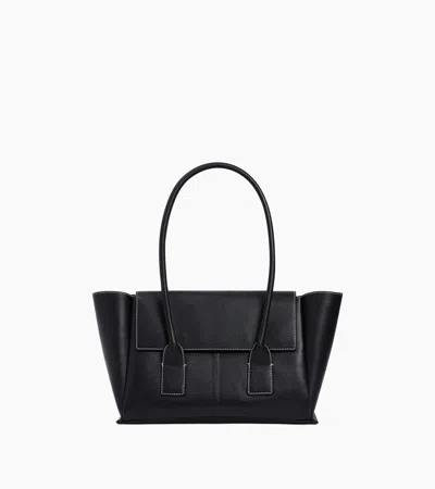 Le Tanneur Elena Medium Tote Bag With Flap, In Grained Leather In Black