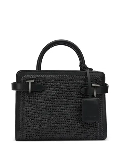 Le Tanneur Small Emilie Handbag In Raffia Effect And Smooth Leather In Black