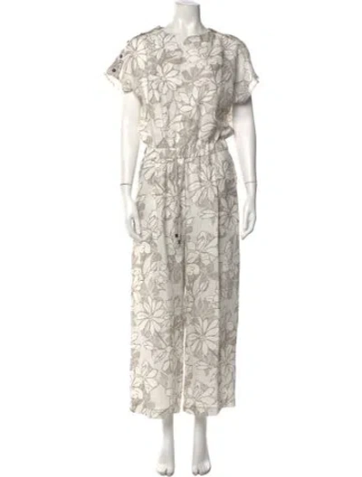 Pre-owned Le Tricot Perugia Linen Floral Print Jumpsuit W/ Tags In White