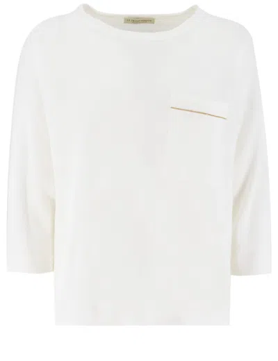 Le Tricot Perugia Relaxed White Sweater With Subtle Chest Pocket