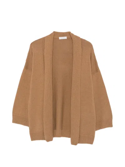 Le Tricot Perugia Ribbed-knit Open-front Cardigan In Brown