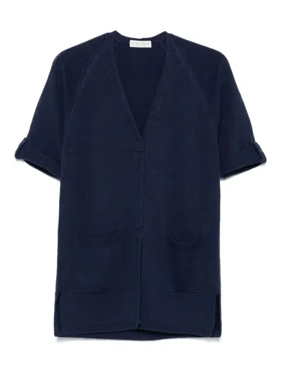 Le Tricot Perugia Short-sleeved Blue Cardigan With Hidden Closure