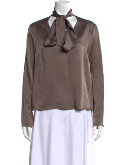 Pre-owned Le Tricot Perugia Tie Neck Long Sleeve Top W/ Tags In Brown