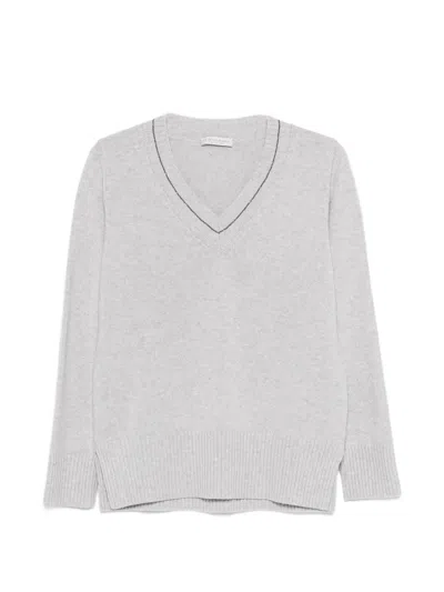 Le Tricot Perugia V-neck Ribbed Sweater In Gray