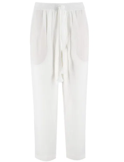 Le Tricot Perugia White Linen Drawstring Waist Pants With Design