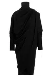 Le Twins Draped High Neckline Long Sleeves Midi Dress In Black