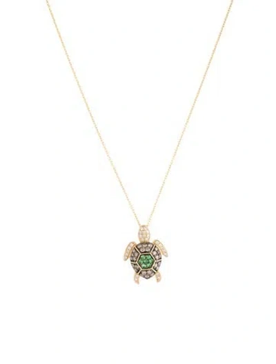 Pre-owned Le Vian 14k Tsavorite Garnet & Diamond Turtle Pendant Necklace, 18" In Multicolor