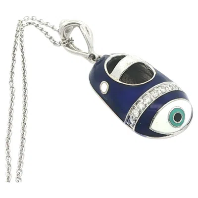 Pre-owned Le Vian 14k White Gold Diamond Blue White Enamel Work Evil Eye Baby Shoe Pendant Chain