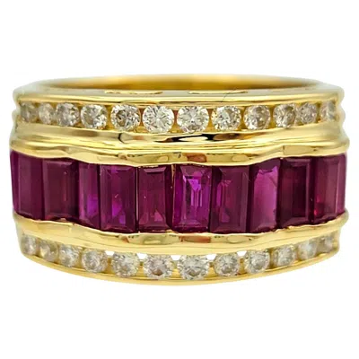 Pre-owned Le Vian Baguette Cut Ruby Wave Detail Band Ring With Diamonds In 18k Yellow Gold