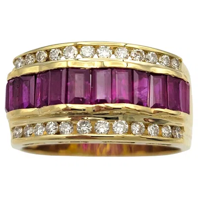 Pre-owned Le Vian Baguette Ruby And Round Diamond Multi Row Band Ring 18 Karat Yellow Gold