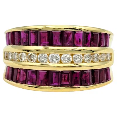 Pre-owned Le Vian Baguette Ruby And Round Diamond Wide Band Ring In 18 Karat Yellow Gold