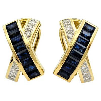 Pre-owned Le Vian Blue Sapphire And Diamond 'x' Omega Back Earrings 18 Karat Yellow Gold