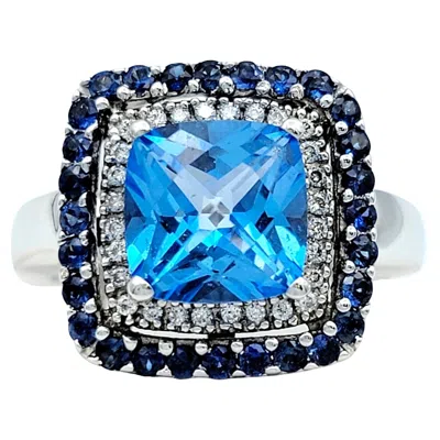 Pre-owned Le Vian Blue Topaz, Sapphire And Diamond Halo Cocktail Ring Set In 14 Karat Gold