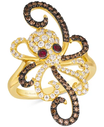 Le Vian Chocolate Diamond & Nude Diamond (7/8 Ct. T.w.) & Passion Ruby (1/20 Ct. T.w.) Octopus Ring In 14k G In Gold
