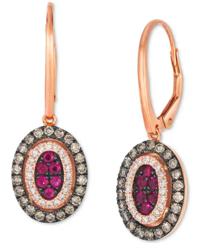 Le Vian Chocolatier Passion Ruby (1/3 Ct. T.w.) & Diamond (5/8 Ct. T.w.) Halo Cluster Oval Drop Earrings In  In Gold