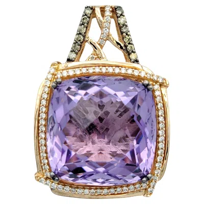 Pre-owned Le Vian Cushion Amethyst & Chocolate Diamond Halo Pendant In 14 Karat Rose Gold In Red