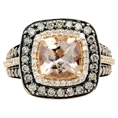 Pre-owned Le Vian Cushion Cut Morganite And Diamond Halo Cocktail Ring 14 Karat Rose Gold In Red