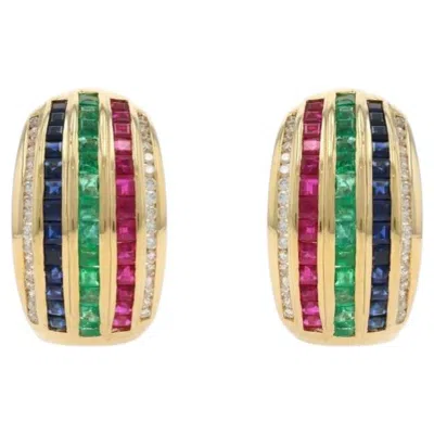 Pre-owned Le Vian Emerald Sapphire Ruby Stripe Earrings Gold 18k 3.30ctw Pierced/clip-ons In Green