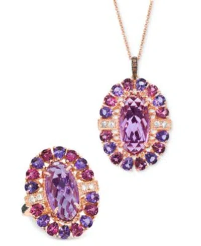 Le Vian Grape Amethyst Passion Fruit Tourmaline Diamond Oval Halo Pendant Statement Ring Collection In 14k R