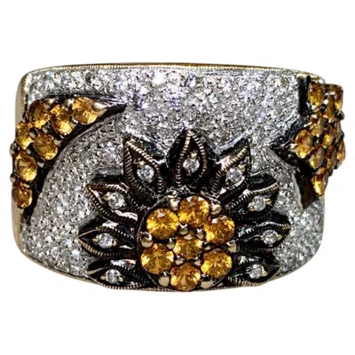 Pre-owned Le Vian Levian 18k Citrine & Diamond Floral & Celestial Motive Wide Band Cocktail Ring In Multi