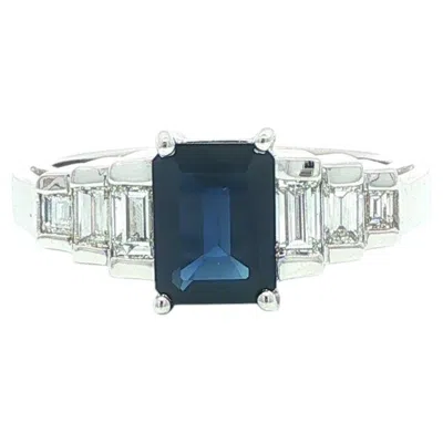 Pre-owned Le Vian Levian 18k White Gold Emerald Cut Sapphire & Baguette Diamond Step Pyramid Ring