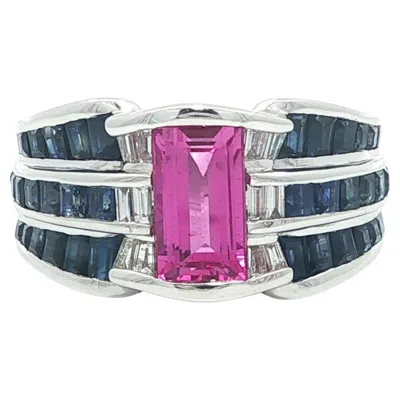 Pre-owned Le Vian Levian Gold Rectangular Pink & Baguette Blue Sapphire Diamond Wide Band Ring