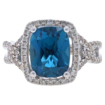 Pre-owned Le Vian London Blue Topaz Diamond Halo Ring - White Gold 14k Cushion 4.50ctw