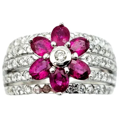 Pre-owned Le Vian Multi Row Pavé Diamond Band Ring With Ruby Flower In 18 Karat White Gold