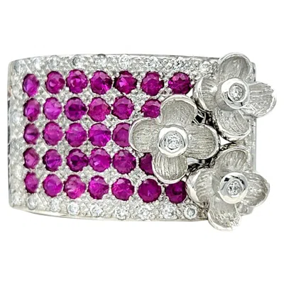 Pre-owned Le Vian Multi-row Ruby And Diamond Wide Band Ring With Flowers In 14 Karat Gold