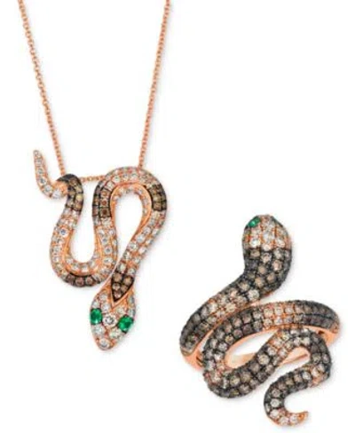 Le Vian Ombre Chocolate Ombre Diamond Costa Smeralda Emeralds Snake Ring Necklace In Rose Gold