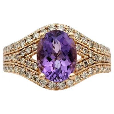 Pre-owned Le Vian Oval Cut Amethyst Cocktail Ring With Diamonds In 14 Karat Rose Gold In Red