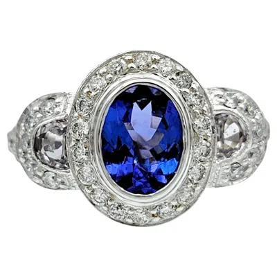 Pre-owned Le Vian Oval Cut Tanzanite And Diamond Three Stone Ring In 14 Karat White Gold