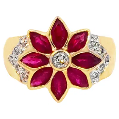 Pre-owned Le Vian Red Ruby Flower And Diamond Ring 18k Yellow Gold
