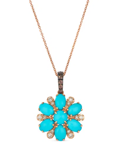 Le Vian Robins Egg Blue Turquoise & Diamond (1/3 Ct. T.w.) Flower Adjustable 20" Pendant Necklace In 14k Ros In Rose Gold