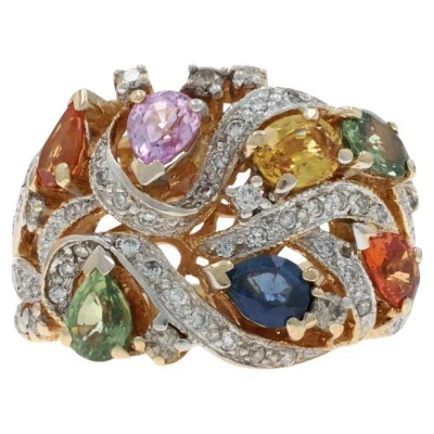 Pre-owned Le Vian Sapphire Diamond Cluster Cocktail Ring Yellowgold 14k Pear 3.60ctw 6 1/4 In Blue
