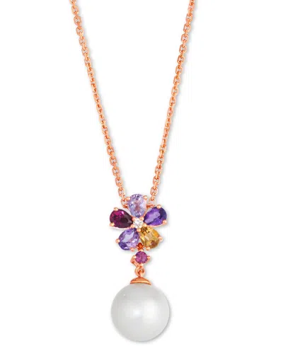 Le Vian Vanilla Pearl (10mm), Multi-gemstone (3/4 Ct. T.w.), & Nude Diamond Accent Flower Adjustable 19" Pen In 14k Strawberry Gold Adjustable Necklace