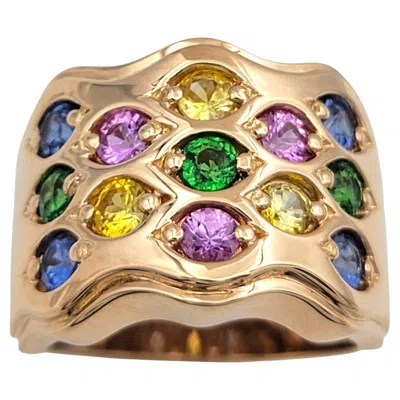 Pre-owned Le Vian Wavy Multi Colored Gemstone Wide Band Ring In 18 Karat Rose Gold In Red