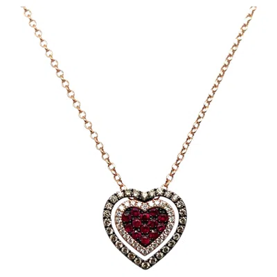 Pre-owned Le Vian X Godiva 14k Rose Gold Ruby Brown Diamond Heart Pendant Necklace In Red