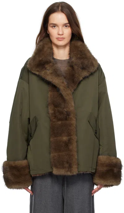Le17septembre Khaki & Brown Horizontal Faux-fur Jacket In Green