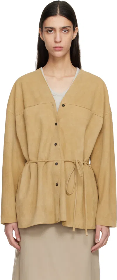 Le17septembre Tan Collarless Suede Jacket In Brown