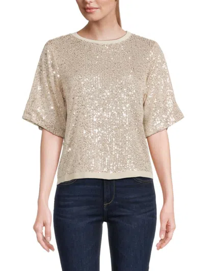 Lea & Viola Women's Boxy Sequin Top In Tan