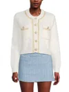 Lea & Viola Women's Crewneck Braided-trim Cardigan In White