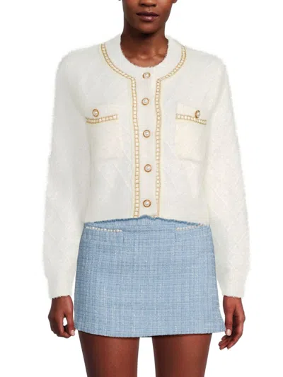 Lea & Viola Women's Crewneck Braided-trim Cardigan In White