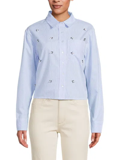 Lea & Viola Women's Embellished Stripe Button Down Shirt In Blue