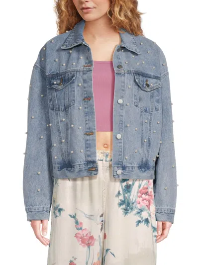 Lea & Viola Women's Simulated Pearl Denim Jacket In Light Wash