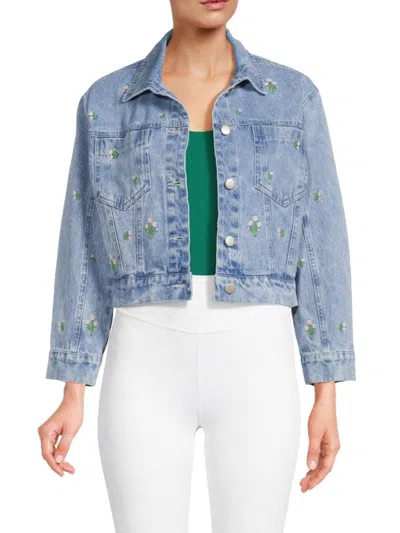 Lea & Viola Women's Floral Embroidery Cropped Denim Jacket In Blue