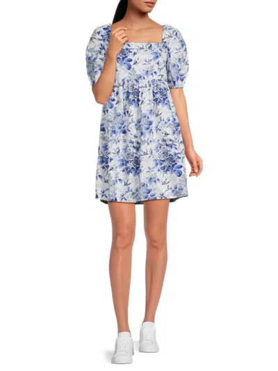 Lea & Viola Women's Floral Squareneck Mini Dress In White Blue